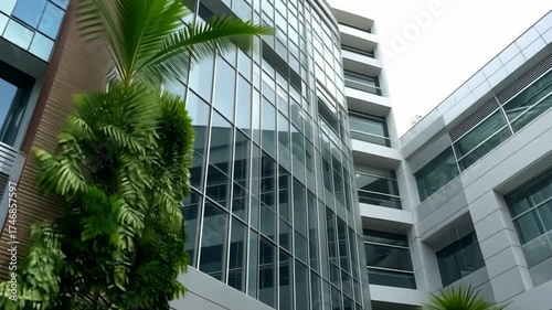 Modern architecture showcased in a bright urban setting featuring lush greenery and sleek glass designs