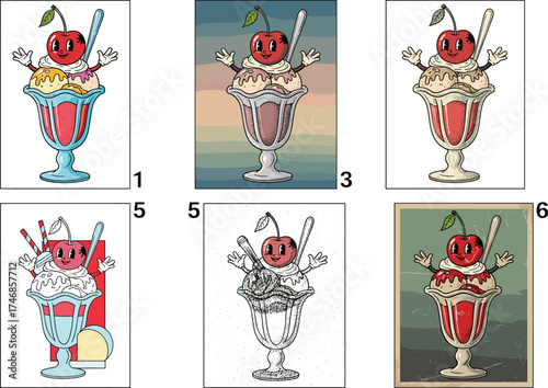 Ice cream sundae variations, cartoon dessert, cherry character, whipped cream, sweet food, playful design, summer treat, delicious snack, vector illustration