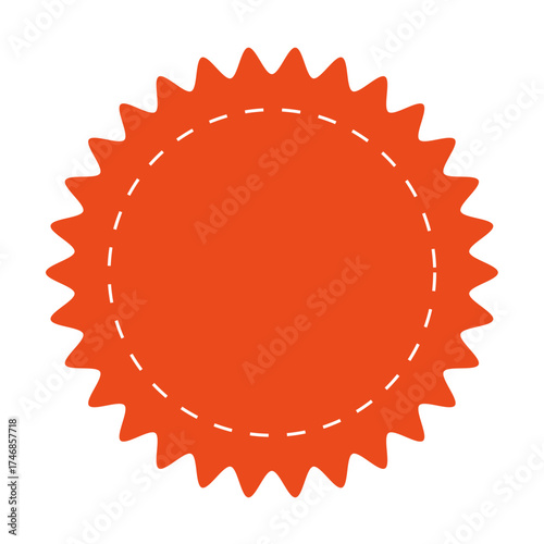 Blank badge or sticker template. Flat vector illustration of an orange sunburst shape with dashed inner circle. Ideal for labels, promotions, price tags, seals, or printable design elements.
