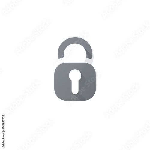 A metallic grey padlock, open, with a subtle drop shadow, presented against a black background
