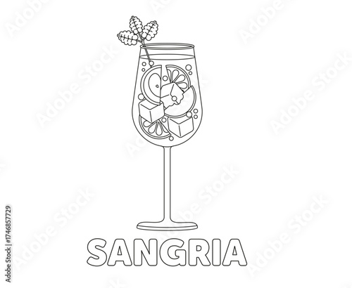 Sangria coloring page. Hand-drawn vector illustration of a wine glass filled with ice, fruits, and herbs. Black and white outline perfect for summer drinks, cocktails, and adult coloring books.