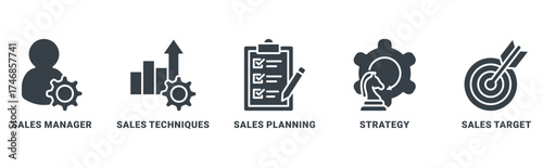 Sales management icon set vector concept with icon of manager, sales techniques, planning, strategy, targets 