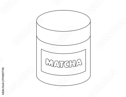Matcha tea tin coloring page. Hand-drawn vector outline of a cylindrical container with “Matcha” label.