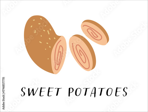 Sweet potatoes illustration. Flat vector design showing a whole sweet potato and slices, with handwritten label