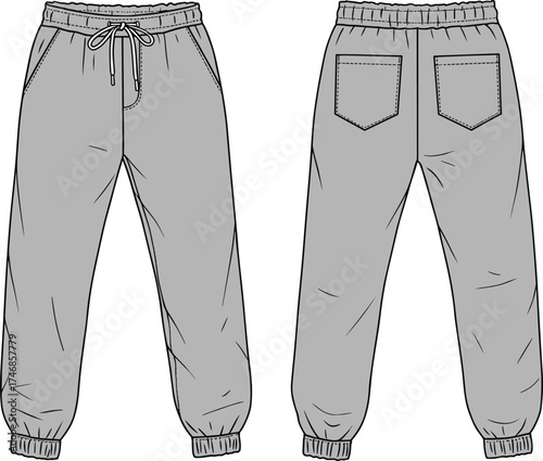 Jogger pants front and back view, elastic waistband with drawstring, casual fashion illustration, technical apparel sketch, sportswear clothing design