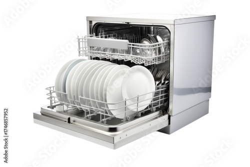 Open dishwasher filled with clean dishes and silverware