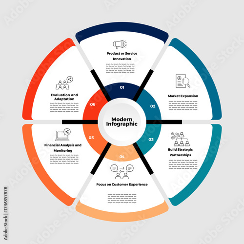 Modern infographic circle diagram info for business strategy and 6 easy-to-edit options for business presentations and reports. Vector illustration eps