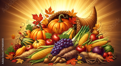 Festive Still Life Composition of Thanksgiving Cornucopia with Autumn Harvest Bounty