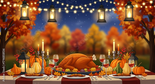 Beautiful Festive Thanksgiving Dinner Table Setting with Turkey and Decorations