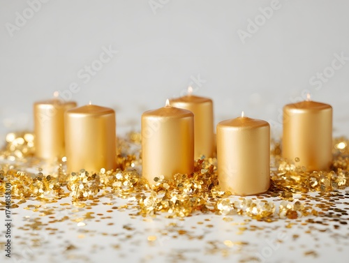 10. A row of golden candles surrounded by confetti on a white surface