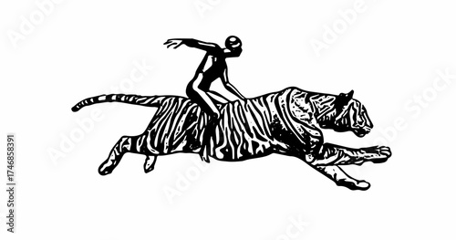 Silhouette illustration of a man riding a tiger in motion, expressing power, courage, and freedom in black and white vector style.