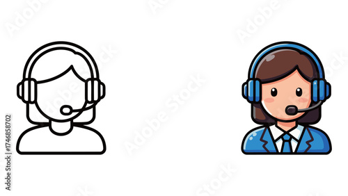 Female Customer Service and Support Agent Icon - Outline and Flat Style
