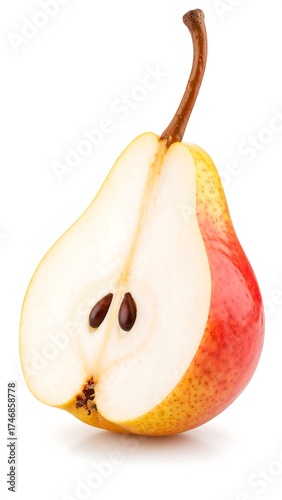 A cross-section reveals the internal structure of a halved pear, showcasing its seeds, flesh, and stem. The fruit displays a gradient of yellow and red hues