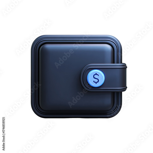 A sleek, dark-colored, square wallet icon with a blue dollar sign clasp