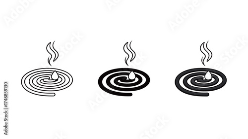 Burning Mosquito Coil Incense Icon Set - Outline, Black Solid, and Dark Flat Style