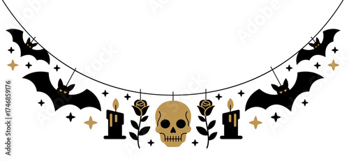 Halloween garland with bats, skulls, roses, candles, and stars, hanging on string. Halloween cartoon character. Gothic Halloween theme, modern minimal style. Spooky icons design black and gold palette