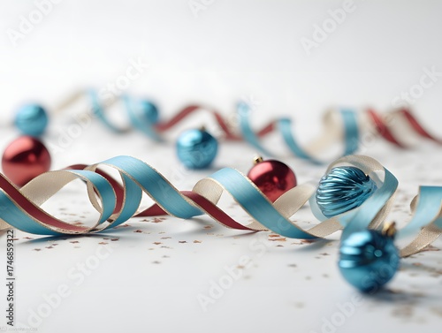 18. Festive ribbon curls and baubles on a white surface
