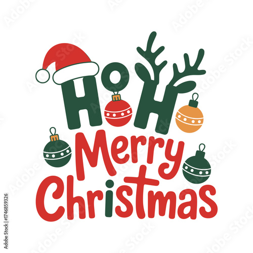 Ho ho ho merry christmas festive typography design with santa hat and ornaments