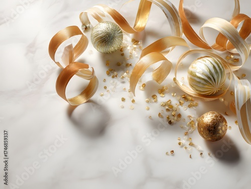 18. Festive ribbon curls and baubles on a white surface