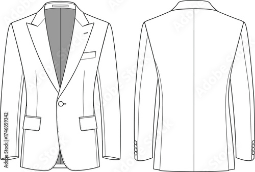 Men’s blazer flat sketch, front and back view, tailored suit jacket design, fashion apparel illustration, garment construction technical drawing template