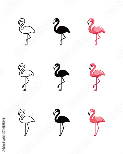 Flamingo Bird Icon Set - Outline, Black Solid, and Pink Flat Styles for Tropical and Wildlife Design