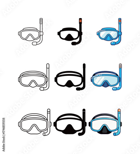 Snorkel Mask and Scuba Diving Goggles Icon Set - Various Styles for Water Sports and Adventure
