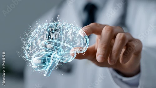 Close Up of Doctor's Hand Pointing at Holographic Brain Visualization in Medical Setting