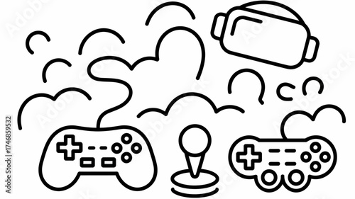 Outline drawing of vr headset and game controllers with abstract doodle elements in black and white