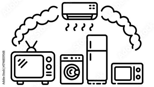Illustration of household appliances including a television air conditioner and refrigerator