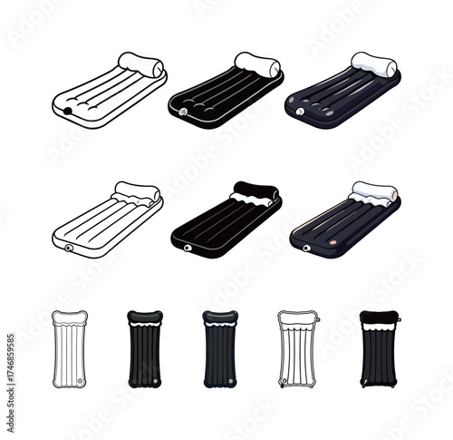 Inflatable Air Mattress Icon Set - Outline and Solid Styles for Camping and Relaxation