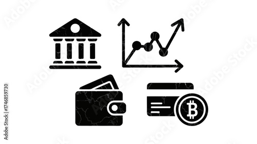 A black and white image showing financial icons like a bank, chart, wallet, and bitcoin card