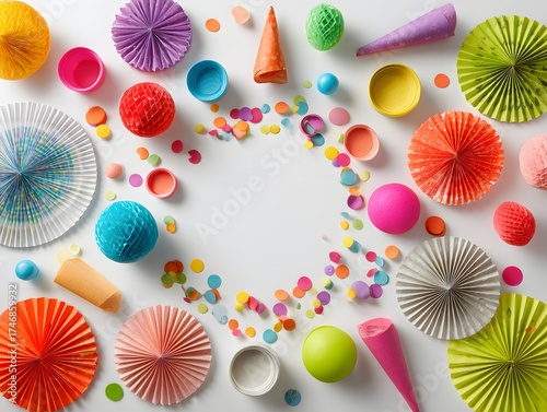22. Bright party accessories arranged around empty space on a white surface