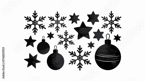 Collection of assorted christmas ornaments including snowflakes stars and baubles in black and white