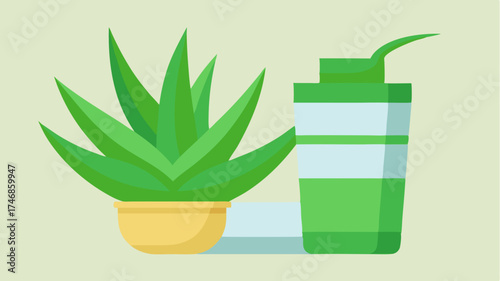 An aloe vera plant next to a tub of gel symbolizing natural skincare and sunburn relief with shades of green and freshness.