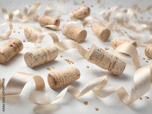 23. Champagne corks and ribbons scattered aesthetically on white background