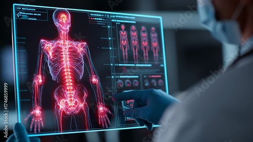 High-Tech Medical Screen Displaying Detailed Human Anatomy with Interactive Data Points