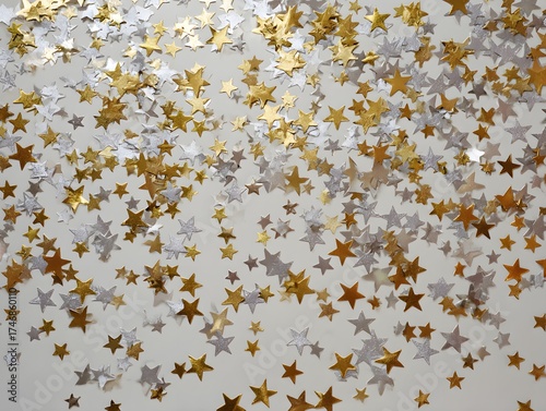 24. Gold and silver star cutouts spread evenly on white surface