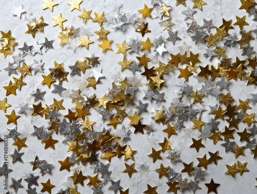 24. Gold and silver star cutouts spread evenly on white surface