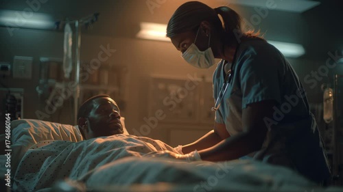 Nurse in Scrubs and Face Mask Providing Care to Patient in Hospital Room with Soft Lighting