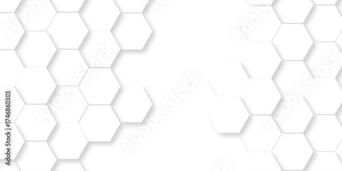 Abstract pattern hexagonal white technology line paper background. Hexagonal grid tile mosaic structure mess cell design. white and gray hexagon honeycomb football geometric copy space business text	
