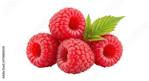 Isolated fresh raspberries with leaves, sweet juicy delicious summer fruit closeup, healthy snack