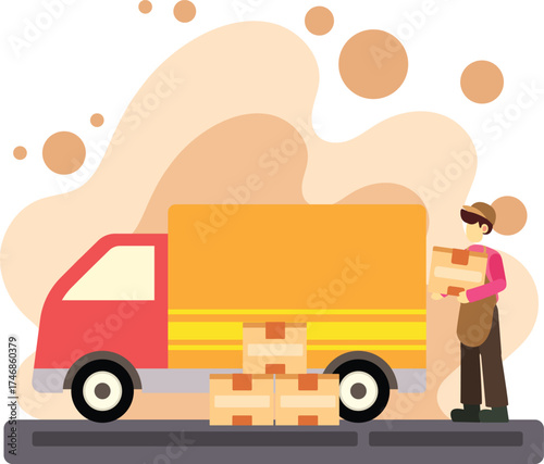 Worker loading boxes into delivery truck illustration