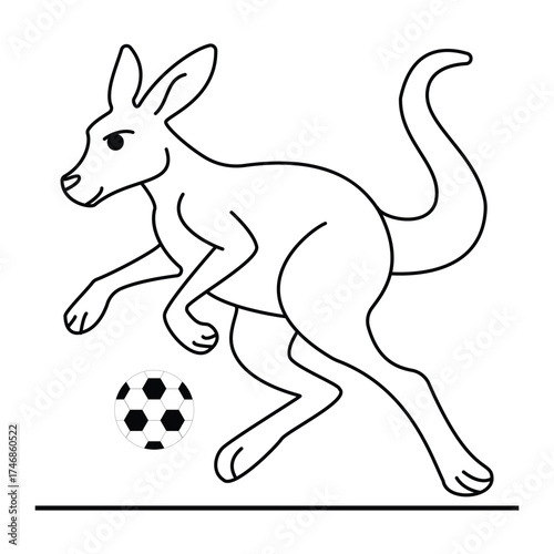 Cartoon kangaroo kicking a soccer ball in a dynamic pose isolated on white background