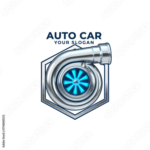 Futuristic turbocharger with blue glow and engine pipes on white background.