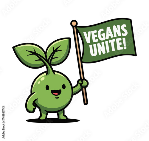 Vector art of cute cartoon plant character holding a flag that says vegans unite