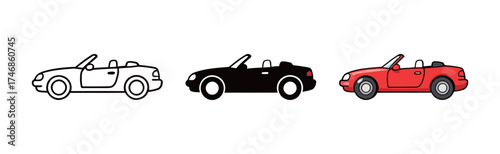 Red Convertible Car Icon Set in Multiple Styles for Summer Travel