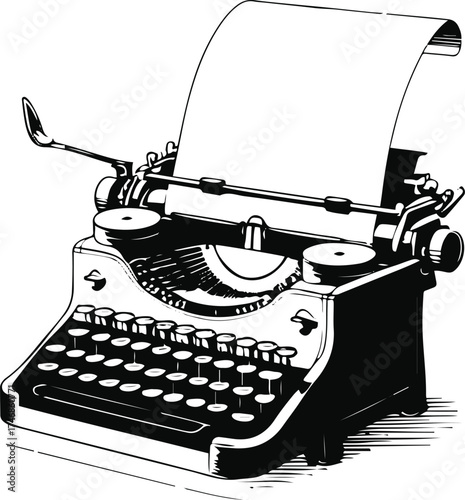 Smooth line art of a typewriter with paper sheet