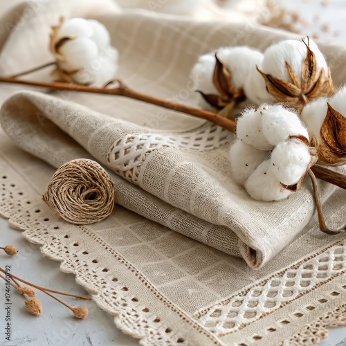Soft cotton bolls and rustic linen create a calming, natural atmosphere perfect for creating cozy home decor projects and promoting sustainable living ideas