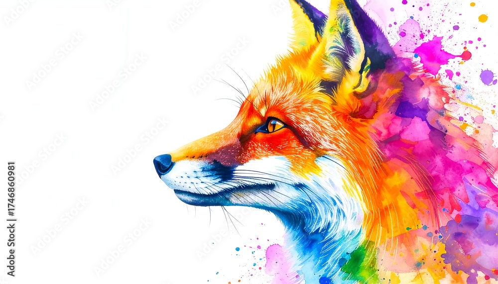 Fototapeta premium A colorful watercolor painting of a fox's profile, blending vibrant hues with white space
