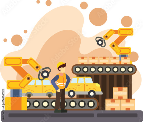 Automated car factory with robotic arms illustration